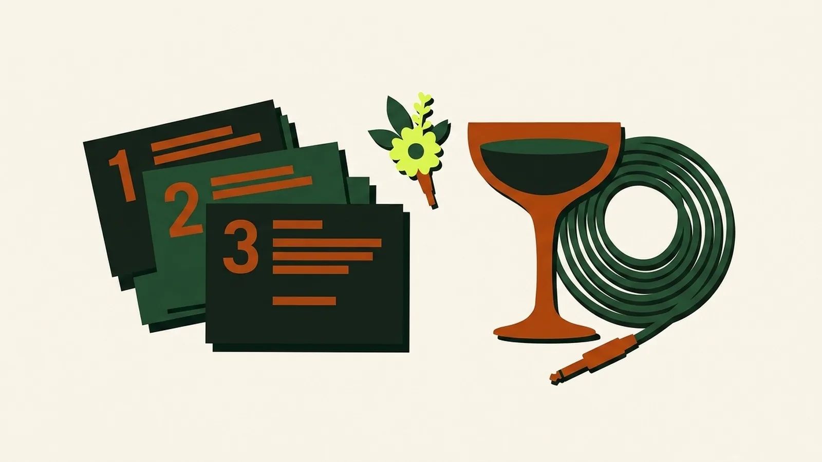 A cut-paper illustration seen from above: a stack of numbered cue cards, a boutonniere and a champagne coupe beside a folded microphone cable.