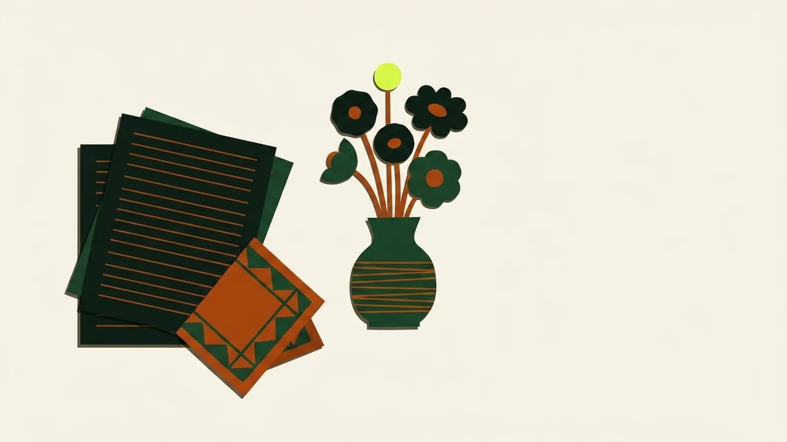 A cut-paper illustration seen from above: a small vase of flowers beside a few unstapled printed pages and a folded handkerchief.