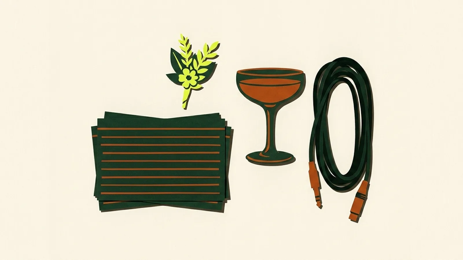 A cut-paper illustration seen from above: a folded handkerchief, a pair of reading glasses on a printed page, and a single stem laid across a champagne coupe.