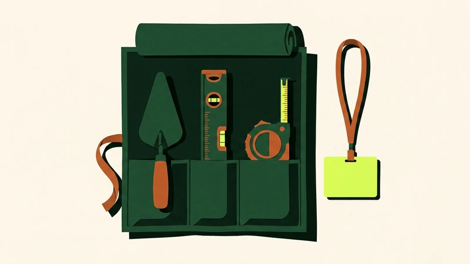 A cut-paper illustration seen from above: an unrolled canvas tool roll holding a trowel, a spirit level and a tape measure, with a blank identity card on a lanyard beside it.